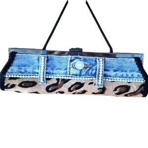 Kelly Kathleen Vintage Leopard Print Levis Denim‎ Clutch With Rhinestones